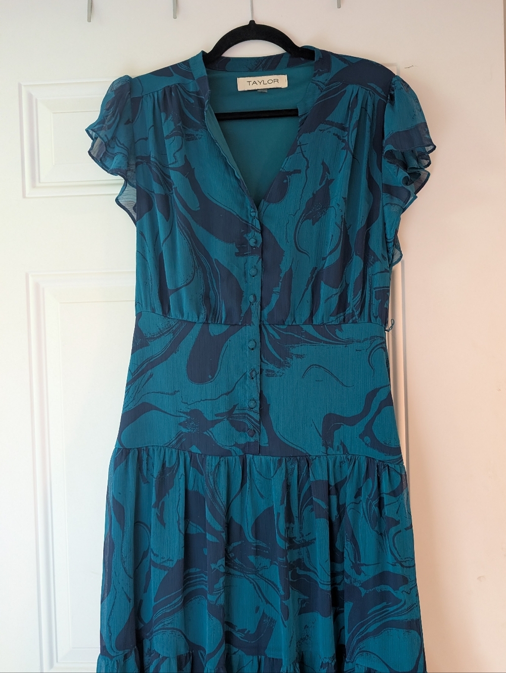 Taylor Teal and Navy Abstract-Print Button-Front Midi Dress 10